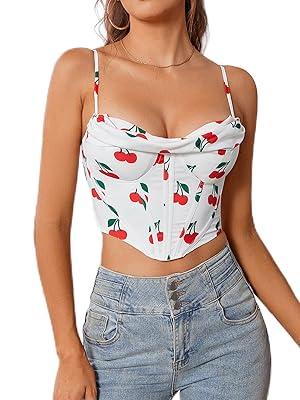 Courecrop Floral Corset Top Spaghetti Straps Cute Bustier Cowl Neck Party  Crop Tops for Women