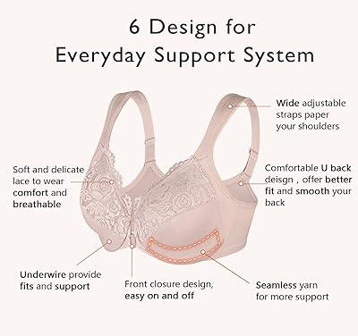  DotVol Womens Plus Size Front Closure Lace T-Back Underwire  Everyday Bra