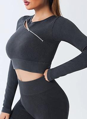 Women's Seamless Workout Set Ribbed Long Sleeve Zip Top 2 Piece GYm Yoga  Outfits