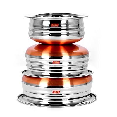 Stainless Steel Copper Bottom Multipurpose Cook & Serve Handi with Lid - Set of 3