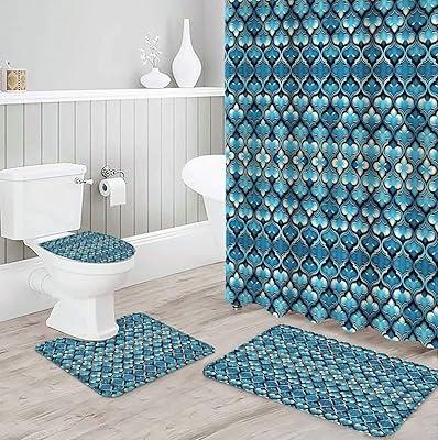 4-Piece Shower Curtain Set with Rugs, Toilet Lid Cover Bath Mat, Shower  Curtain with 12 Hooks, Durable Waterproof Fabric Shower Curtain for Bathroom