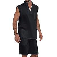 Algopix Similar Product 4 - Mens Linen Tank Tops Shorts Set 2 Piece